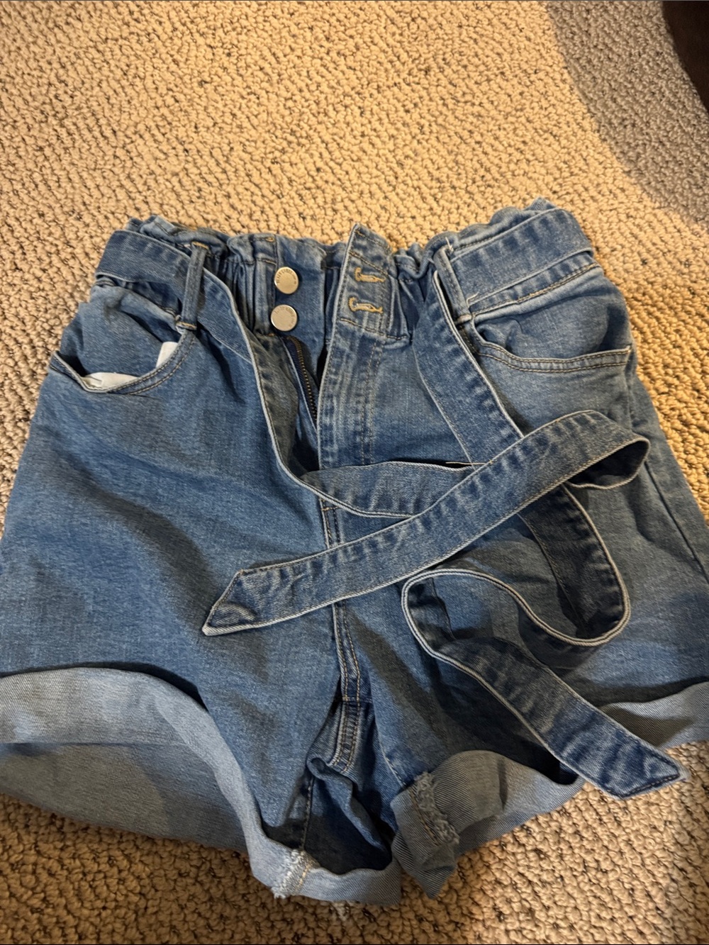 Black Label High-Waist Paperbag Denim Shorts - Blue